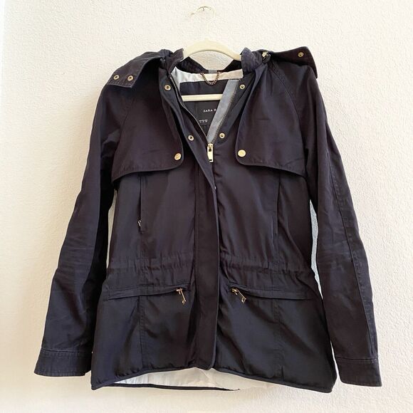 Zara Basic Black Zip Hooded Pockets Cinched Waist Windbreaker Jacket Size M - Picture 5 of 13